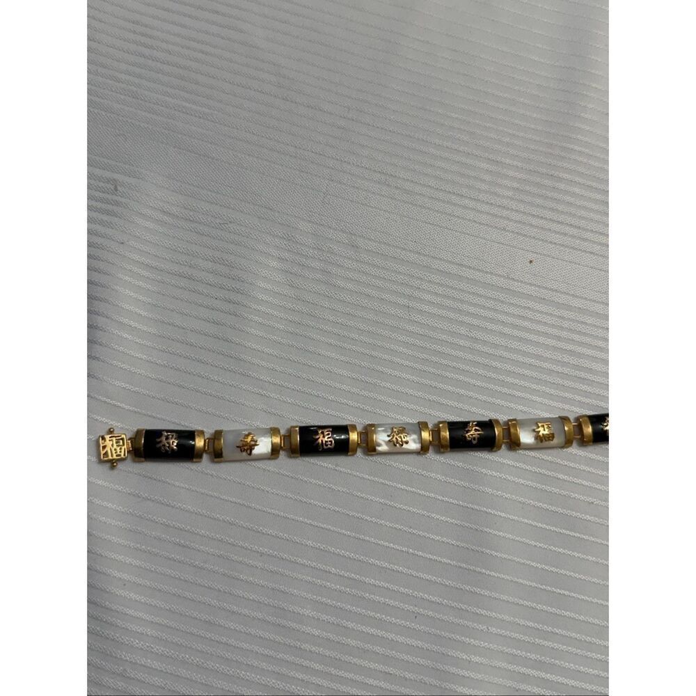ONYX MOTHER OF PEARL GOLD VINTAGE BRACELET ORIENTAL MOTIF 8 Symbols - Picture 5 of 10